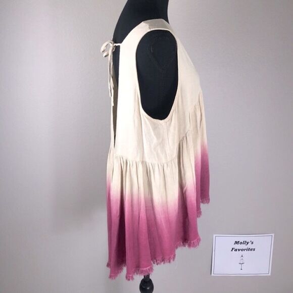 Umgee Linen Sleeveless Top Pink/Cream Ombre V-Neck Blouse Babydoll Peasant M - Picture 4 of 11